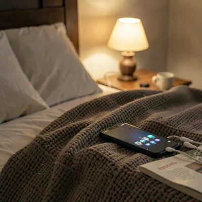 Quiet bedside scene with phone, earbuds, and a paperback on a knit blanket, low