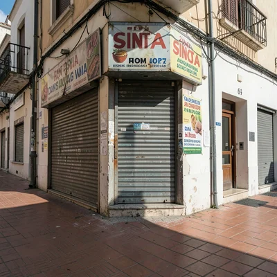 Siesta stillness, afternoon heat weight, A shop with metal shutters pulled down,