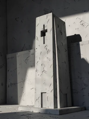 Towering brutalist church with one cross-shaped slot, sun raking across an enorm