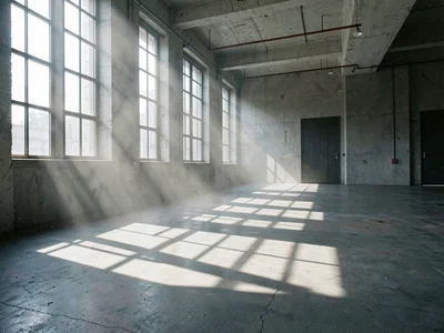 Factory Window Light Shafts on Concrete