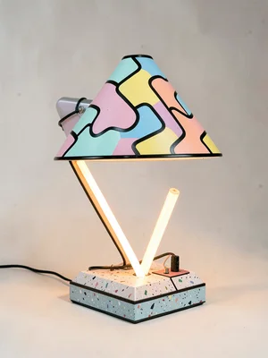 Desk lamp Memphis treatment, triangular shade, terrazzo base, neon tube accent