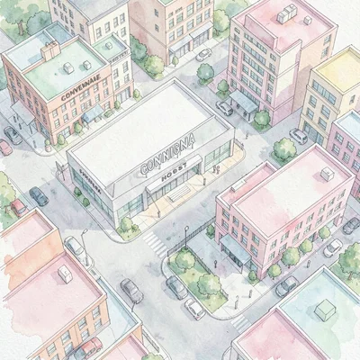 Top-down illustrated city block showing the convention venue and host hotels, pa