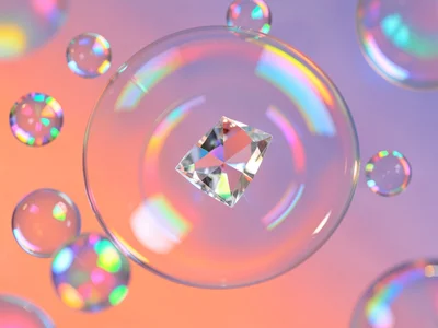 Soft-focus iridescent confetti drifting across a coral and lavender gradient wit