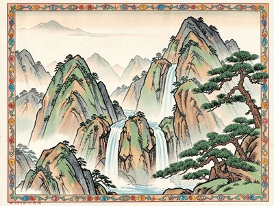 Mountain landscape with waterfalls, stylized crags, and a lone pine