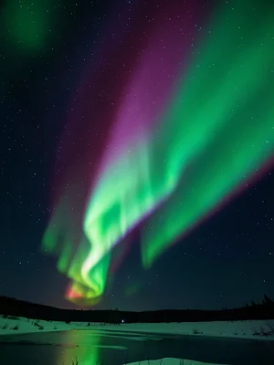 Purple-red aurora corona overhead, rays radiating from magnetic zenith, rare hig