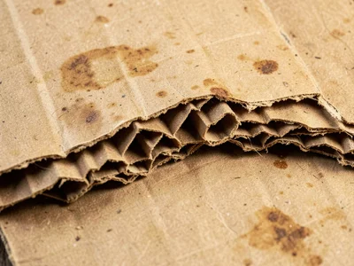 Corrugated cardboard crushed flat, fluting collapsed showing accordion-fold cros