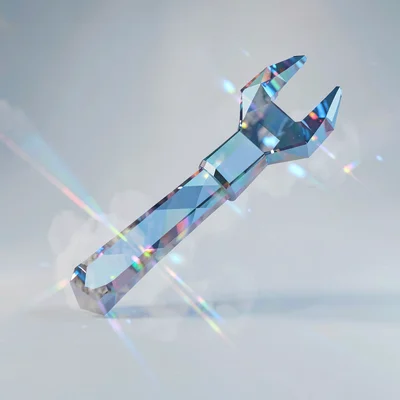 A faceted sapphire lowpoly wrench with a sharp open jaw and slim blue body throw