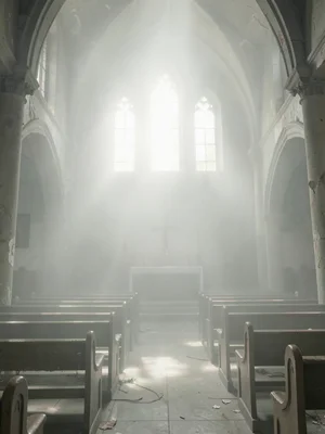Abandoned chapel interior with empty pews leaning, altar barely visible, the hig