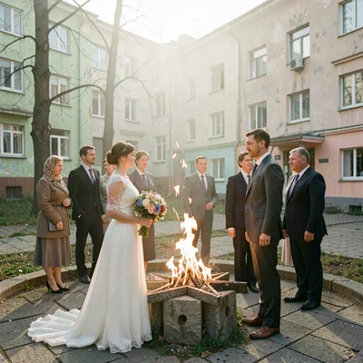 Post-Soviet urban photography, A wedding couple posing at an eternal flame memor