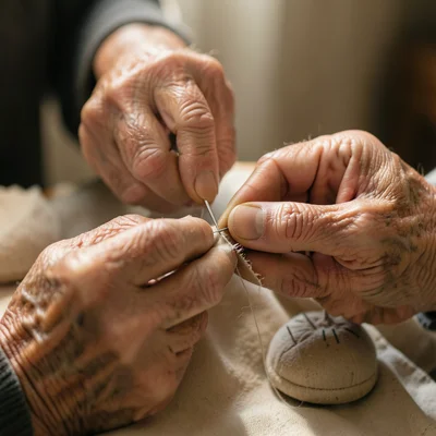 Hands mending a torn garment with tiny precise stitches, the needle pulling thre