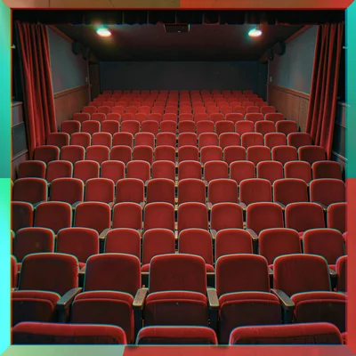 Anaglyphic stereo 3D photograph, Theater seats from stage perspective, rows rece