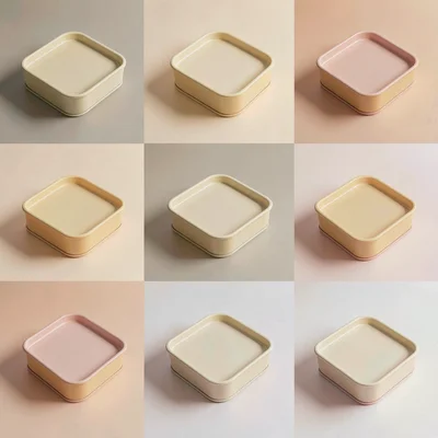 A 2x3 grid of abstract cookie-tin mockups in a soft warm palette, tins slightly