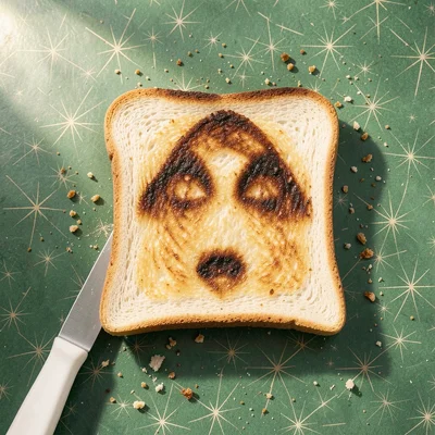 A single slice of well-toasted white sandwich bread photographed straight down on a worn green Formica kitchen counter, 