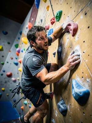 Rock climber reaching for the next hold on an indoor bouldering wall, chalk on h