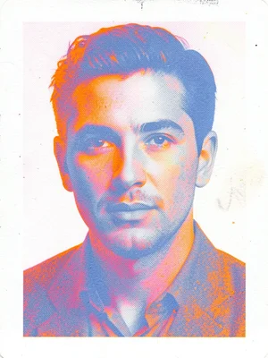 Risograph portrait reduced to two-color separation: fluorescent orange for shado