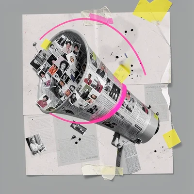 Halftone collage of a megaphone made of folded newspaper, dozens of small image 