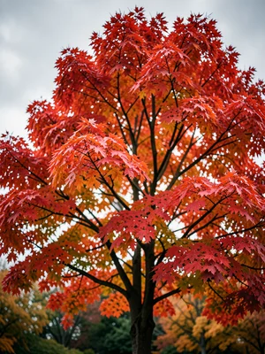 Maple tree in full autumn color, brilliant red and orange against grey sky