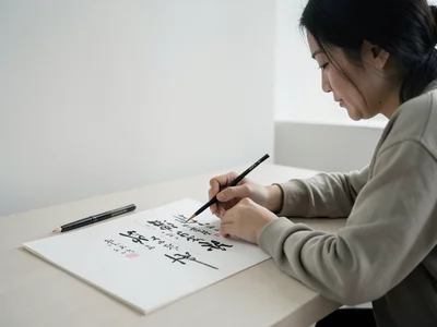 Person practicing calligraphy at a clean desk, ink, brush, and practice sheets