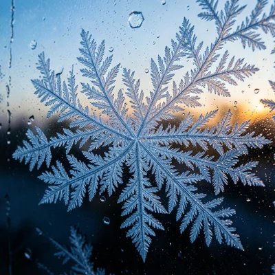 Frost fern pattern spreading across window glass, backlit by dawn light