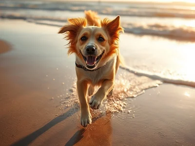 Candid photography of a joyful dog running along a sunlit beach, low-angle shot near wet sand, dynamic motion, splashes 