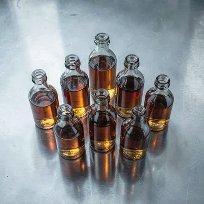 Precise geometric composition, industrial clarity, Seventeen identical glass bot