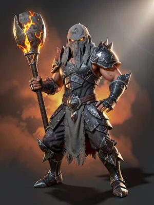 Ember-clad volcano-shaman in obsidian-shard armor and ash-cloth mask, lava-veine
