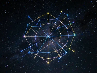 Drone light painting in sky, creating 3D constellation pattern, long exposure, s