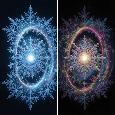 Snowflake crystal structure that matches spiral galaxy arm pattern, split view