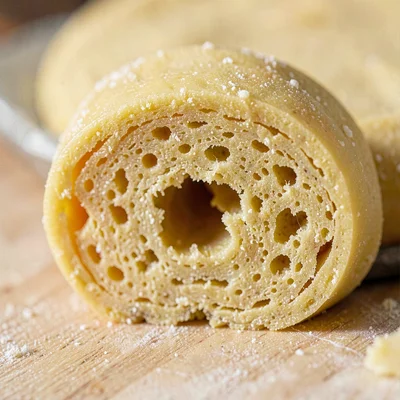 Macro of fresh egg-yellow pasta dough cross-section, fine grain