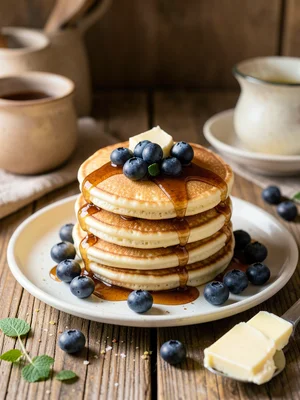 Stack of fluffy pancakes with maple syrup drizzle, fresh blueberries, and butter