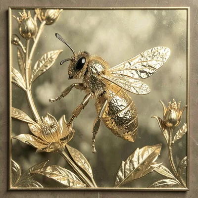 A bee on a flower, the bee's body and wings replaced with hammered gold leaf
