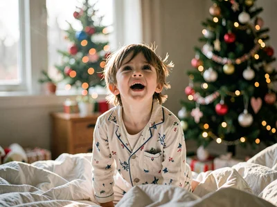 Child bolting upright on Christmas morning, the instant transition from sleep to