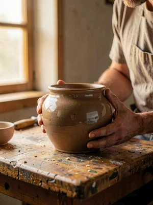Warm hero of a stoneware pot held in two hands over a worn workbench, gentle win