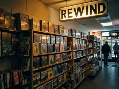 Last video rental store, shelves of cases, cross-processed into warm amber and c