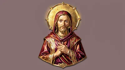 Gold leaf illuminated illustration, saint with halo , burnished gold leaf areas,