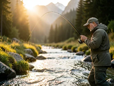 Person fly fishing in a mountain stream, casting line forming an arc, golden lig