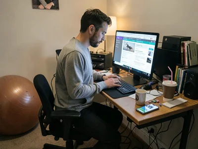 Standing desk at sitting height, exercise ball deflated in corner
