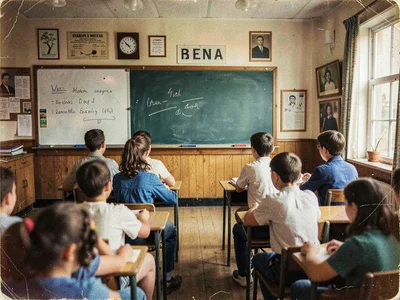 School classroom from 1940s with smartboard instead of chalkboard