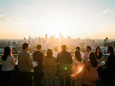 Rooftop gathering watching sunset over city skyline, summer evening
