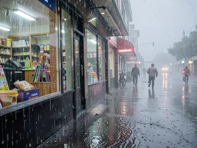 Rain reflected in shop windows