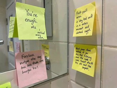 Sticky note on bathroom mirror: "You're enough," the affirmation ritual, morning