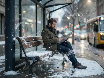 Man reading a newspaper at a bus stop, a miniature snowstorm swirling around onl