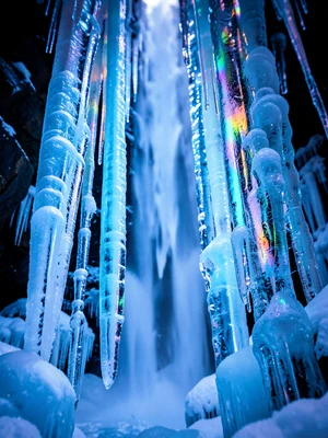 Ice formations on a waterfall, blue-white pillars and curtains, winter light