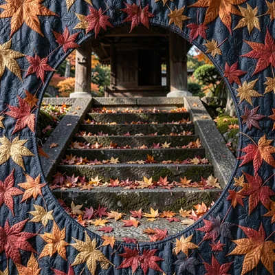 Through the textile eye of Kyoto, woven and dyed, Autumn maple leaves carpeting 
