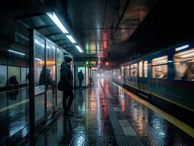 A rain-soaked bus stop shelter: a single person waiting, the bus approaching wit