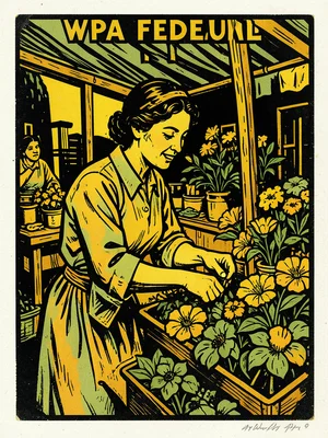A linocut of a woman arranging flowers at a market stall, bold carved lines, lim
