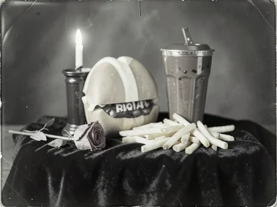 A Big Mac, large fries, and chocolate milkshake arranged on dark velvet cloth wi