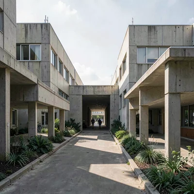 Planned city photography, modernist urbanism, A row of identical government buil