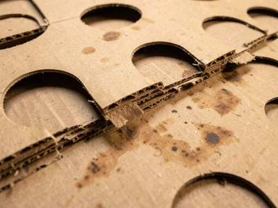 Die-cut holes in industrial cardboard, circular and rectangular punched openings