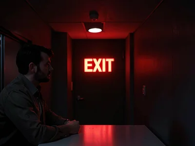 Person considering the EXIT sign during boring meeting, the fantasy of escape, r
